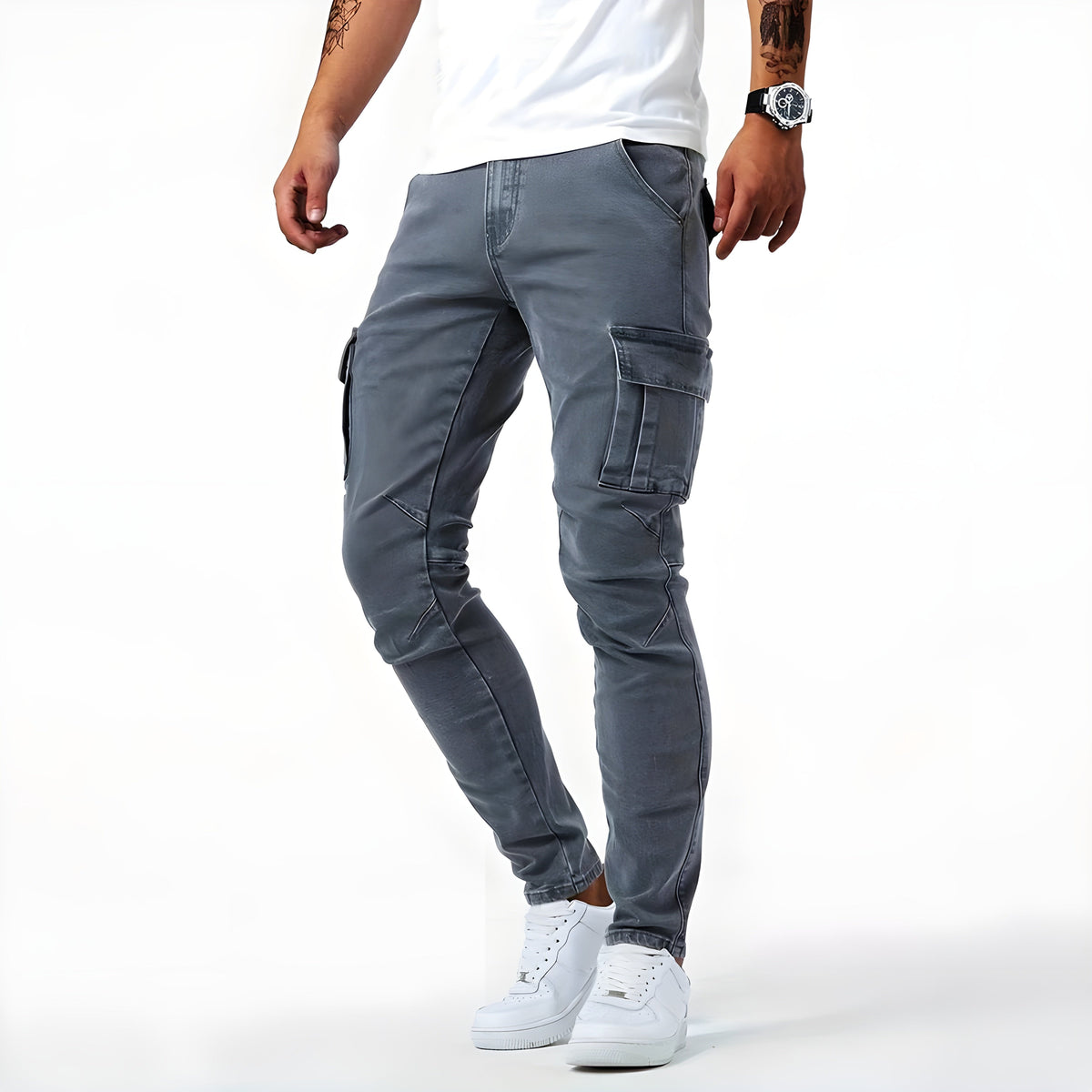 Pantaloni cargo in denim elasticizzati