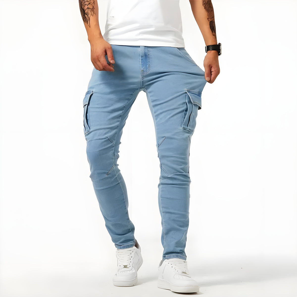 Pantaloni cargo in denim elasticizzati