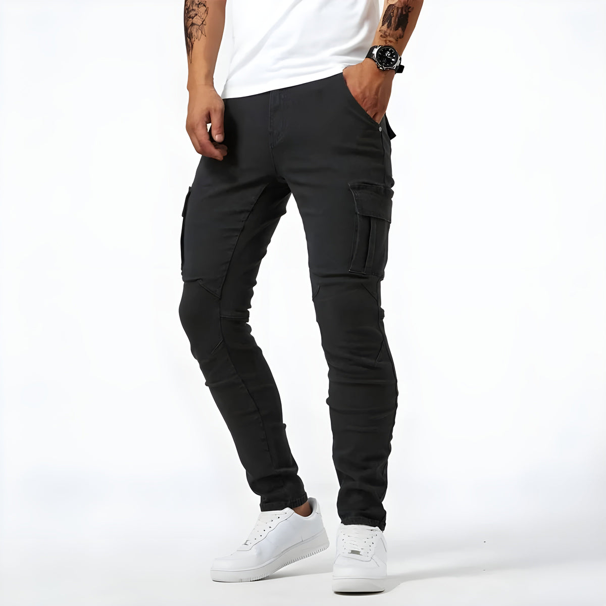 Pantaloni cargo in denim elasticizzati